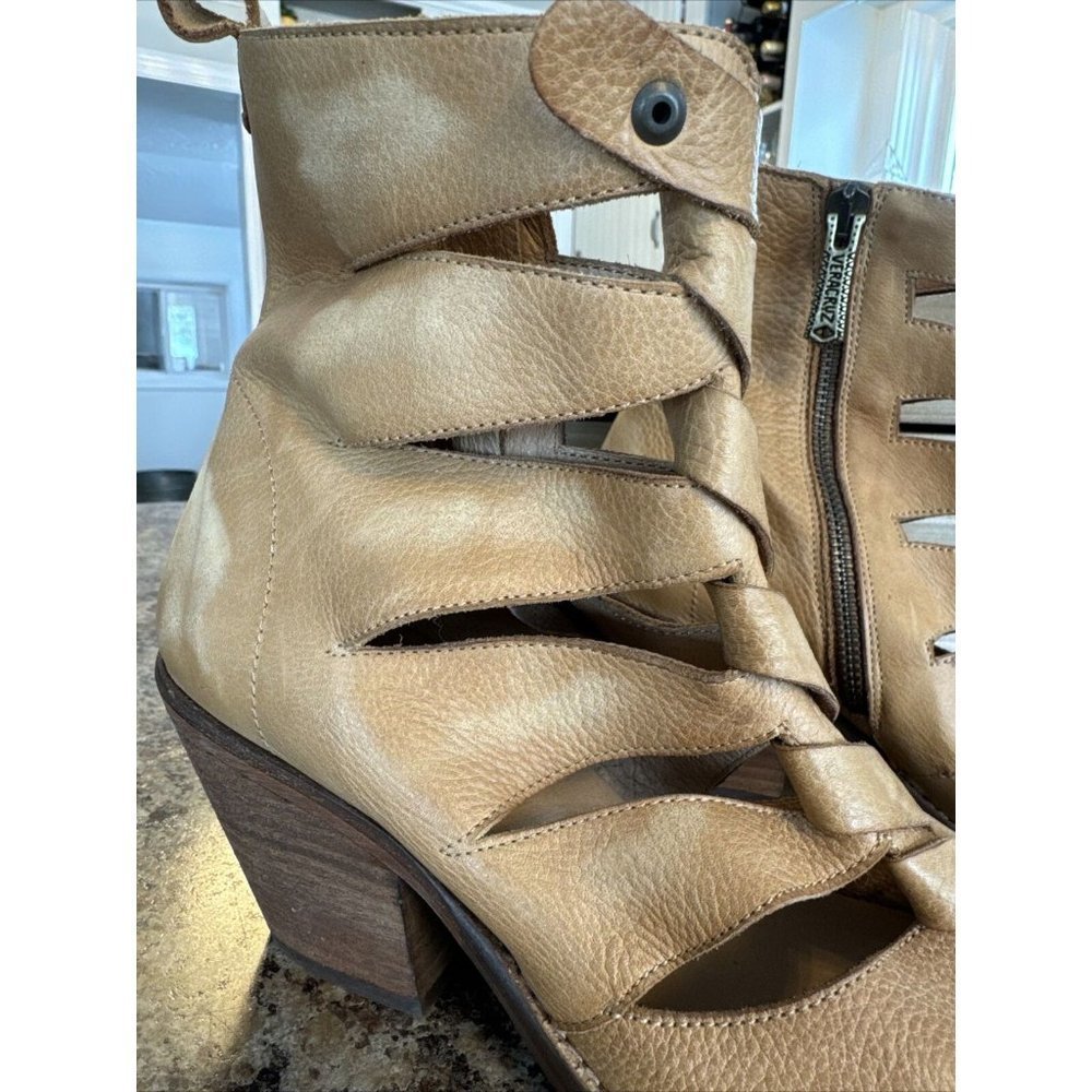 Women’s Tan Cutout Ankle Booties - Stylish Low Block Heel - Picture 2 of 8
